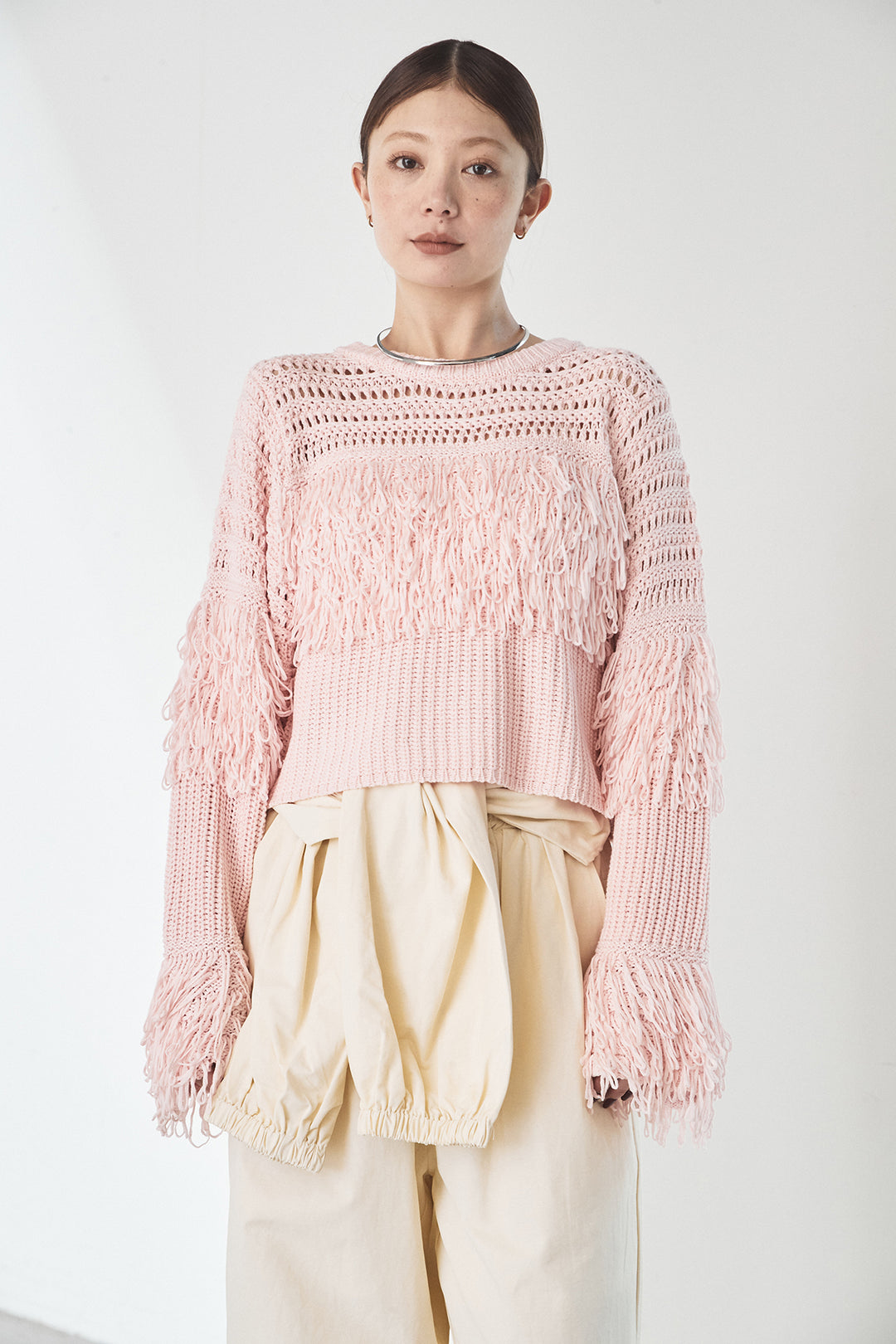 [SET]メッシュフリンジ切り替えプルオーバー+サテンタックワイドパンツ(2set)