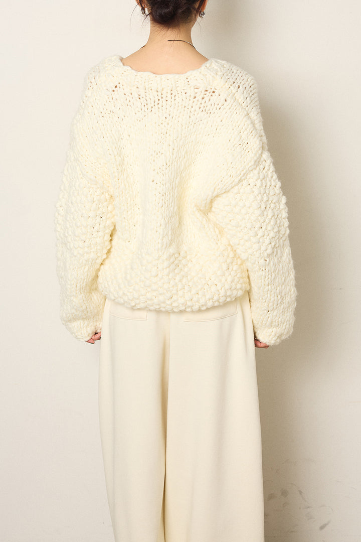 [SET]Vネックハンド編みニットトップス+太ベルト付きスウェットワイドカーブパンツ(2set)