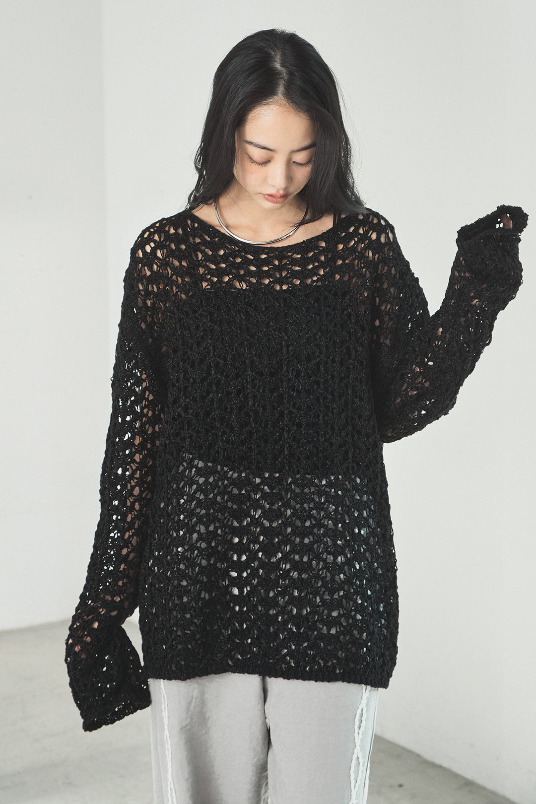 [SET]リラックスメッシュニットトップス+刺繡テープラインパンツ(2set)