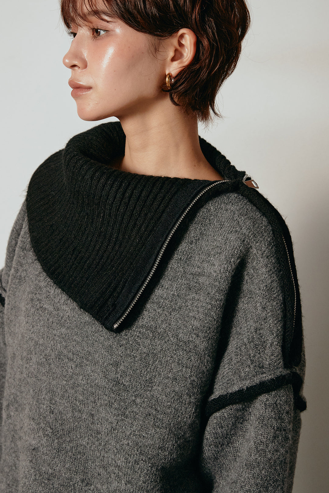 [SET]ハイネックジップデザインニットトップス+サイド切り替えリブニットロングスカート(2set)