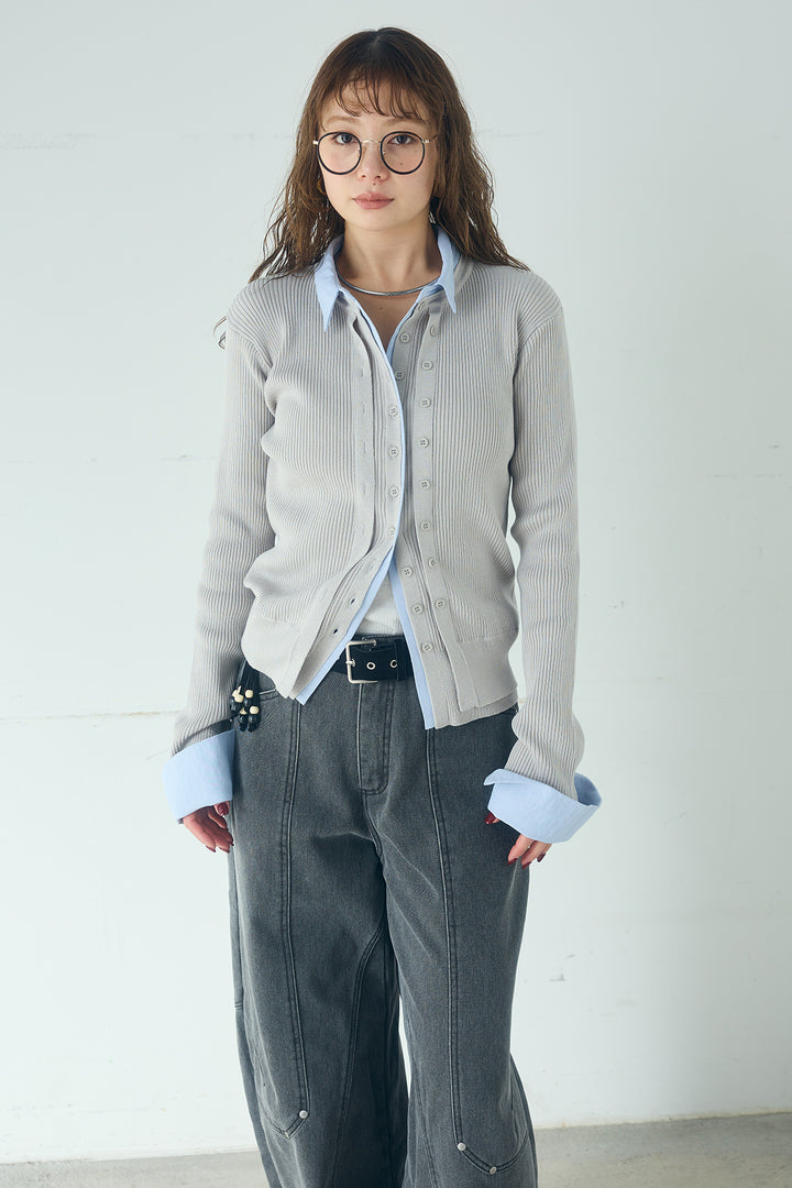 [SET]シャツドッキングボタンニットカーディガン+異素材切り替えスウェットパンツ(2set)