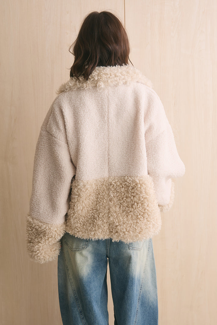 [SET]ボア×プードルファーパッチワークブルゾン+スタッズデザインカーブデニムワイドパンツ(2set)