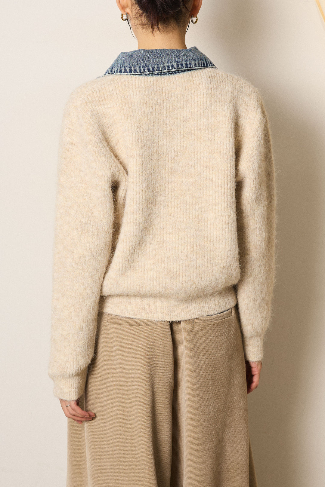 [SET]襟付きデニム切替ニットカーディガン+裏起毛スウェットワイドパンツ(2set)