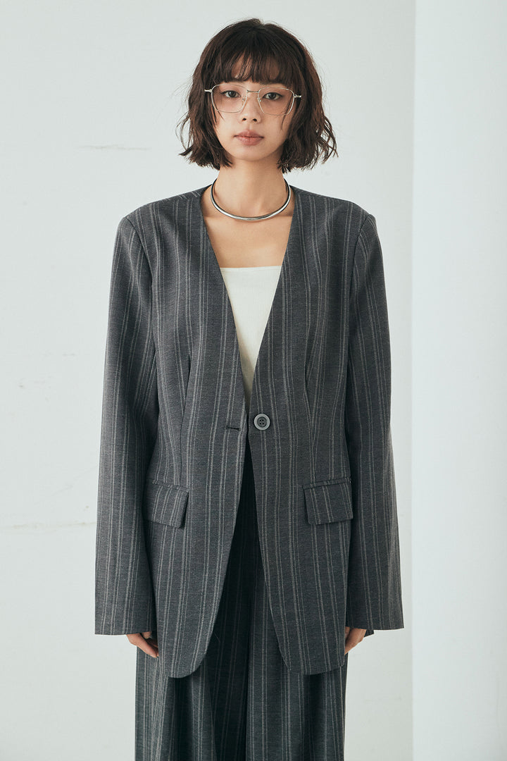 [SET]ノーカラーピンストライプジャケット+ピンストライプワイドスラックス(2set)
