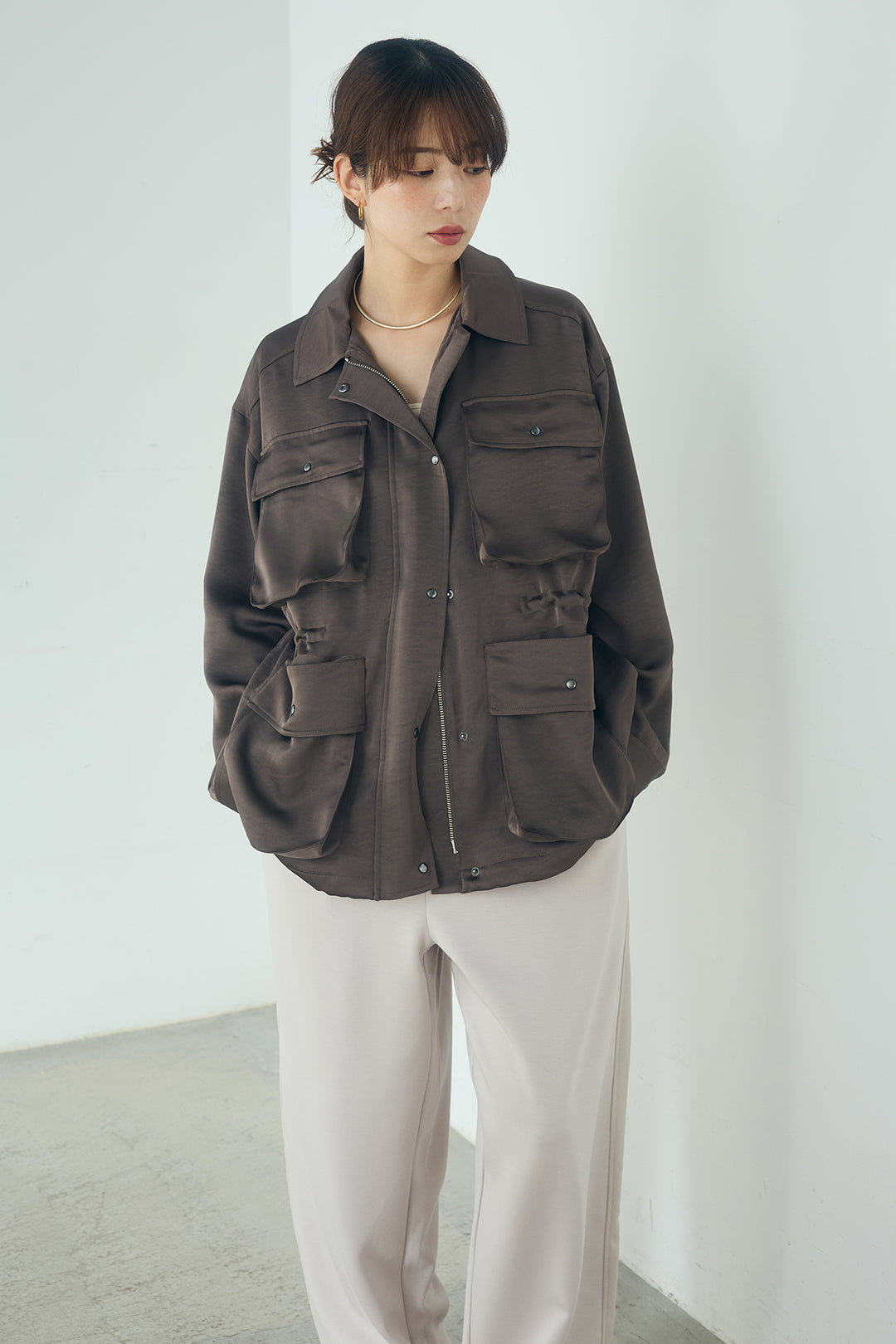 [SET]サテンライトブルゾン+ラップ巻きピンストライプワイドスカート(2set)