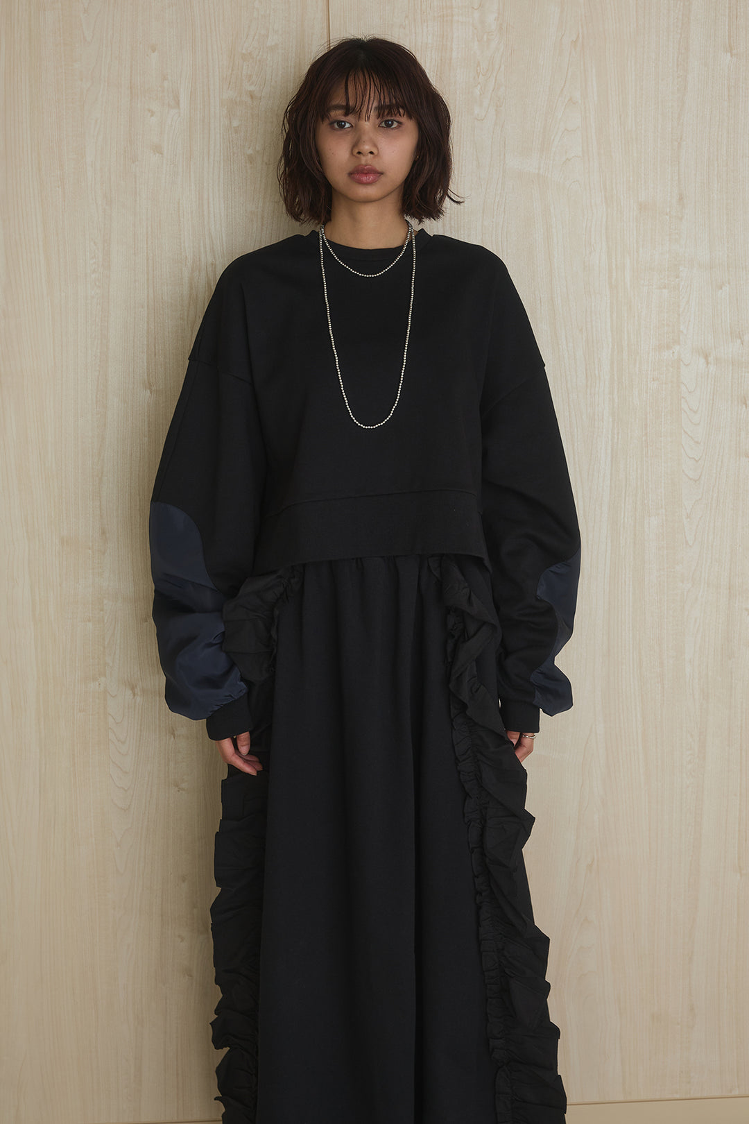 [SET]アームパッチスウェットプルオーバー+ビッグフリルスウェットロングスカート(2set)