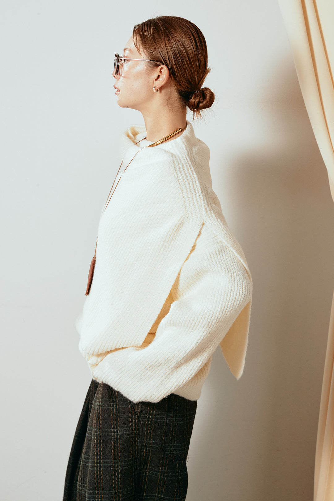 [SET]ケープデザインリブニットトップス+太ベルト付きツイードワイドパンツ(2set)