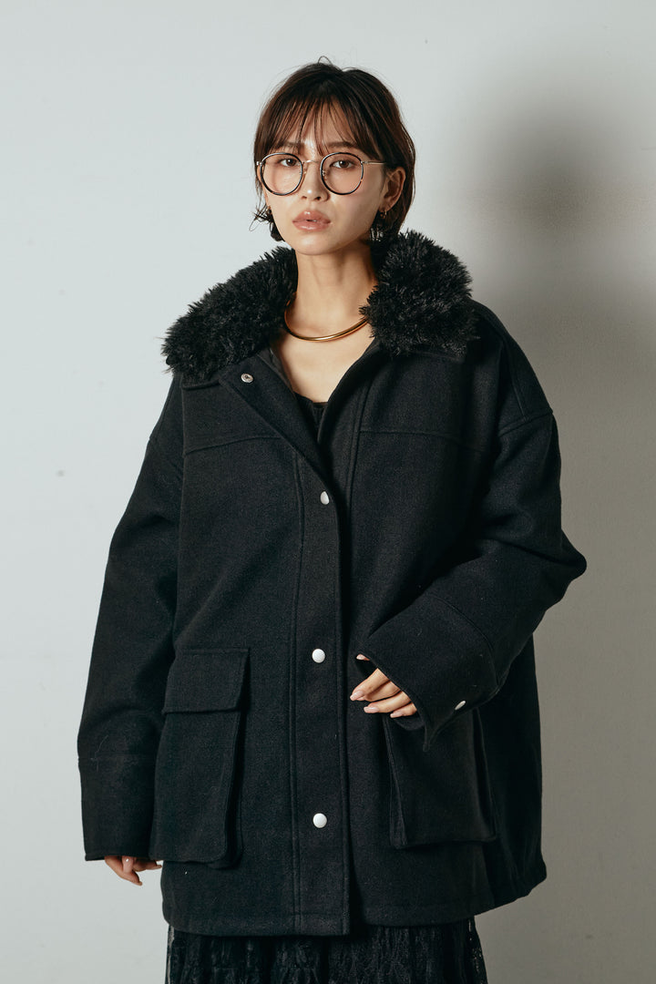 [SET]エコウール衿ファー薄中綿入りミドルカバーオール+ひげレース切替ロング丈スカート(2set)