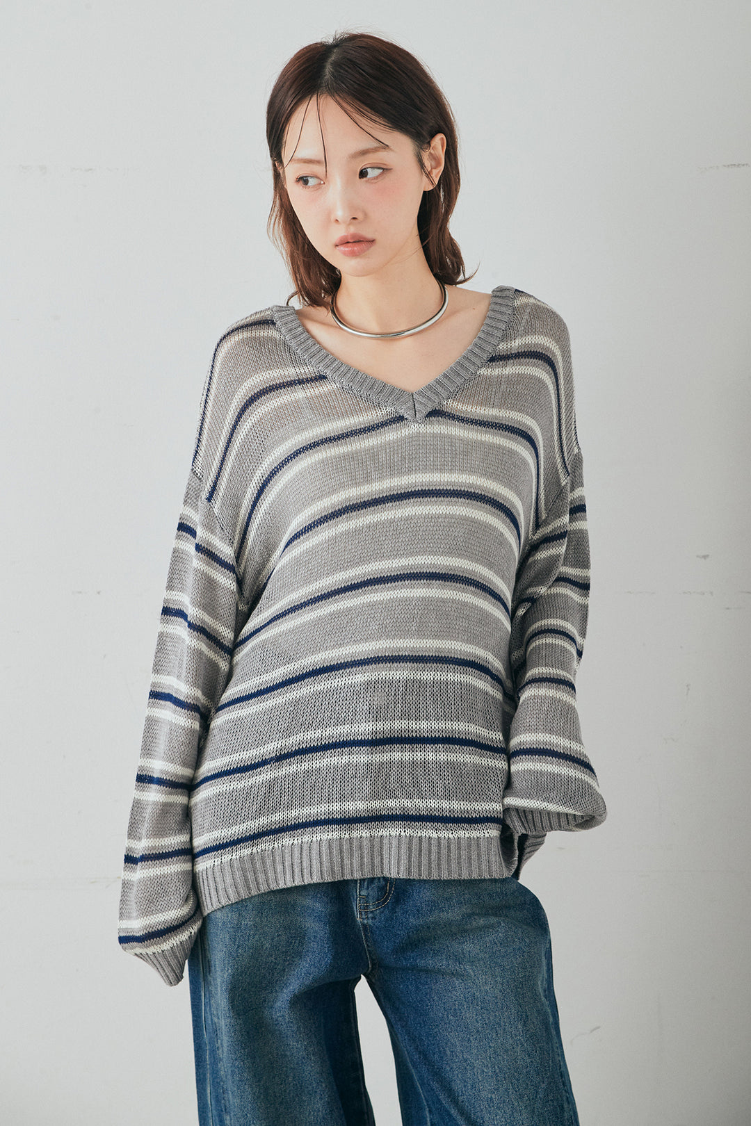 [SET]綿タッチVネックボーダートップス+ウォッシャブルエコレザータックパンツ(2set)