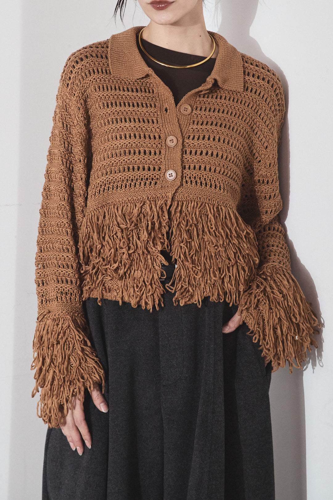 [SET]メッシュフリンジカーディガン+ヘリンボーンストライプツータックパンツ(2set)