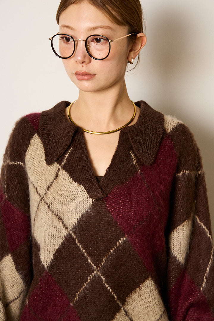 [SET]アクリルモヘアアーガイルキーネックプルオーバー+サイドベルトパンツ(2set)