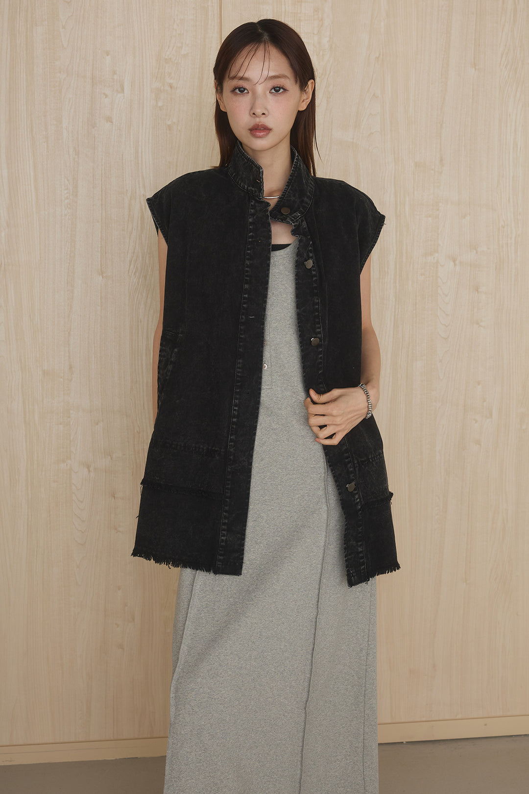 [SET]ケミカルデニムヘムカットオフジレ+レースサロペット(2set)