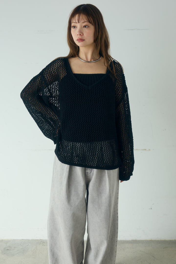 [SET]メッシュ編みビスチェセットVネックプルオーバー+カラーデニムタックカーブパンツ(2set)