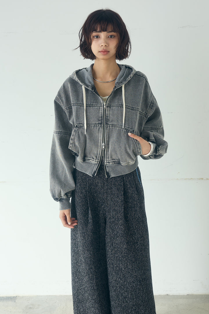 [SET]デニムダブルジップパーカーブルゾン+レイヤード見えヘンリーネックロングワンピース(2set)