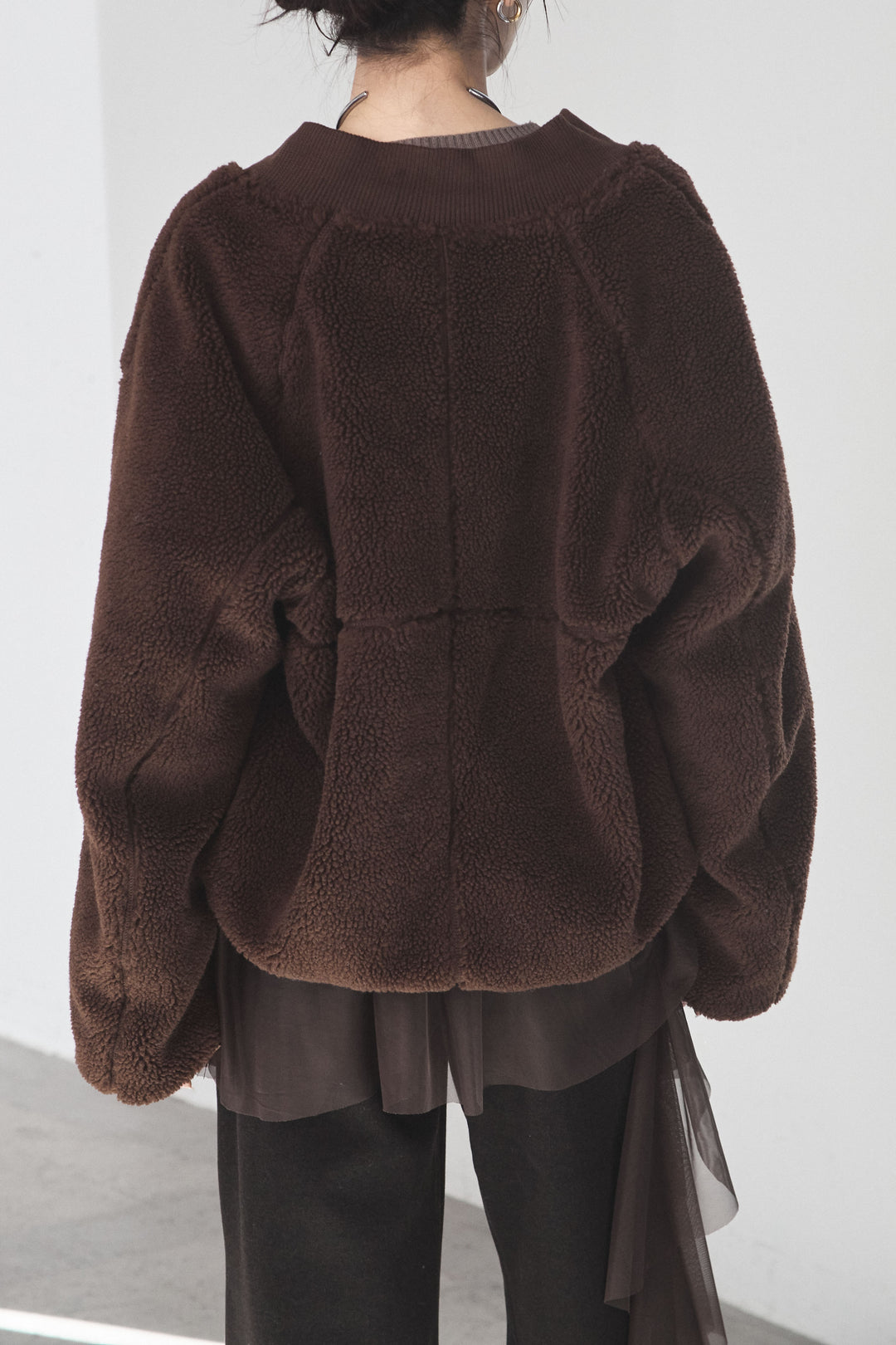 [SET]ノーカラーリブボアアウター+レオパードサテンナロースカート(2set)