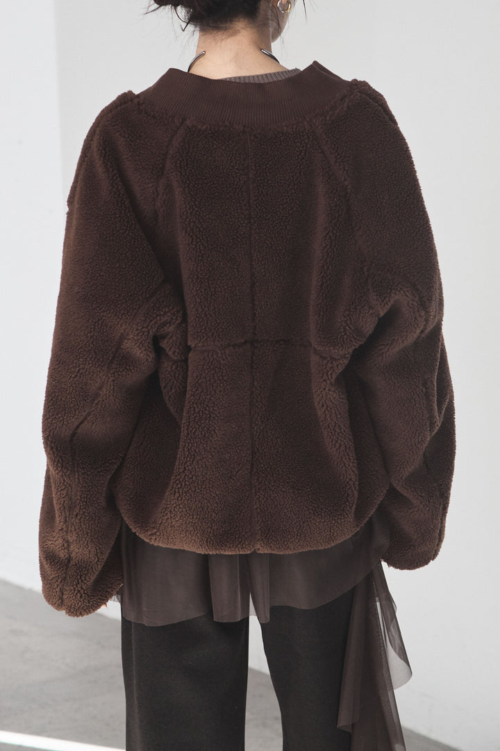 [SET]ノーカラーリブボアアウター+レオパードサテンナロースカート(2set)