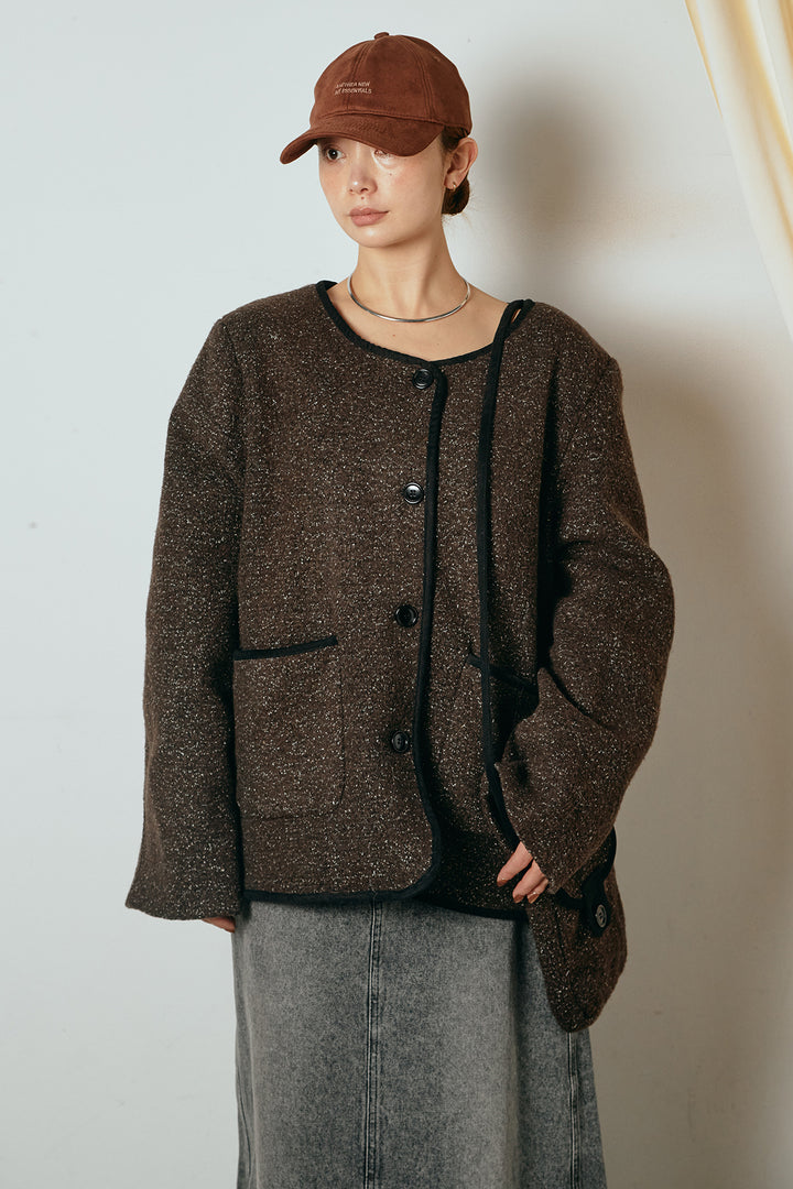 [SET]ノーカラーマフラーバッグ付きアウター+花柄刺繍ベロアフレアスカート(2set)