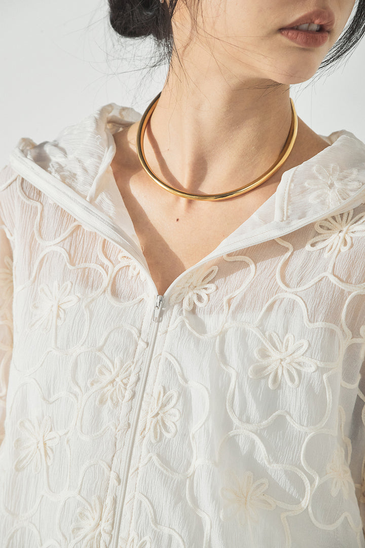 [SET]シアーフラワーフードブルゾン+編みベルト付きウエストタックワイドパンツ(2set)