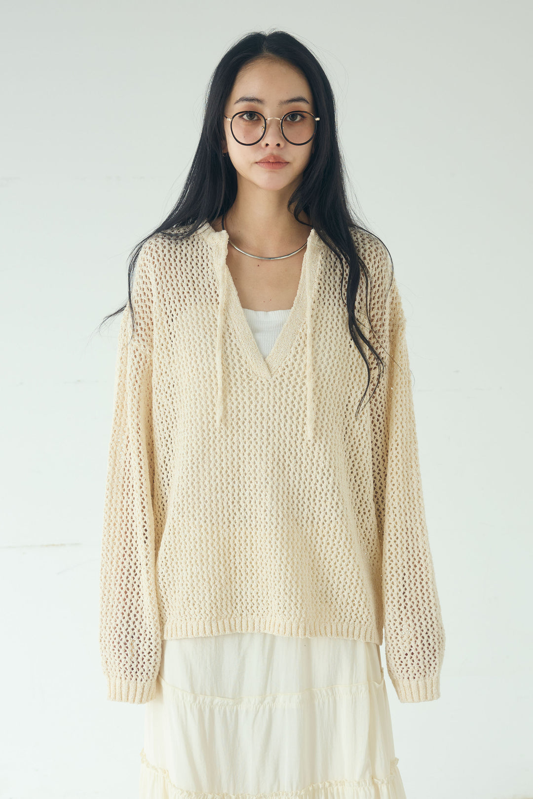 [SET]ミックスメッシュキーネックプルオーバー+シアーチュールレイヤードワイドパンツ(2set)