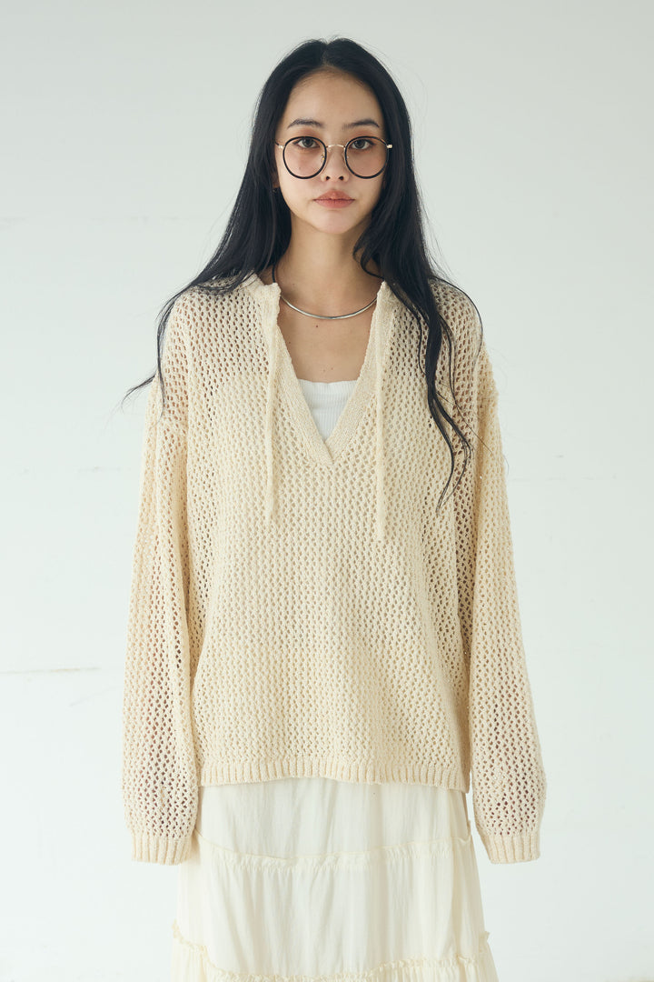 [SET]ミックスメッシュキーネックプルオーバー+シアーチュールレイヤードワイドパンツ(2set)