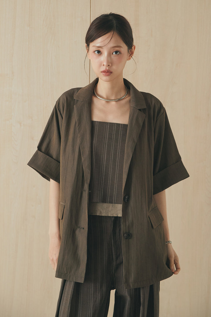 [SET]リネンストライプレイヤードキャミ+リネンストライプタックワイドパンツ(2set)