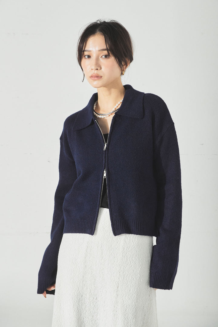 衿付きWジップニットカーディガン/グレー