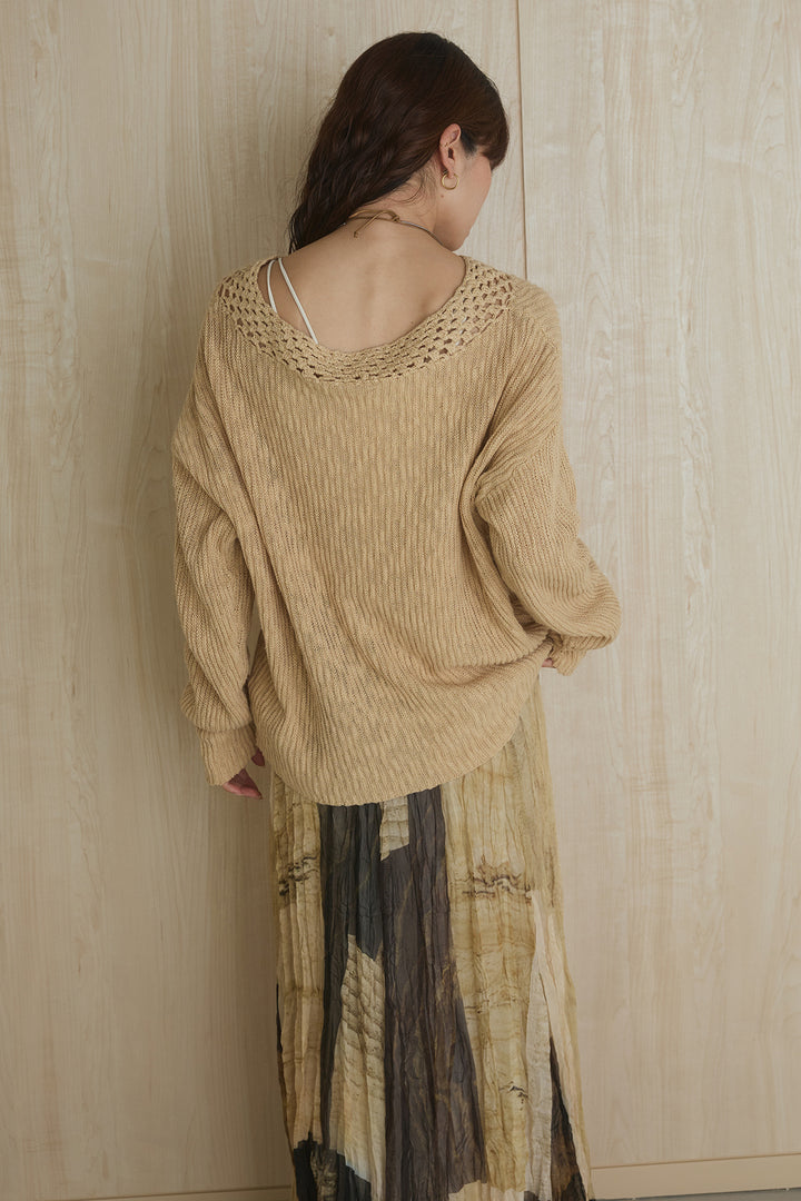 [SET]ネック編みデザインニットトップス+ウエスト折り返しワイドパンツ(2set)