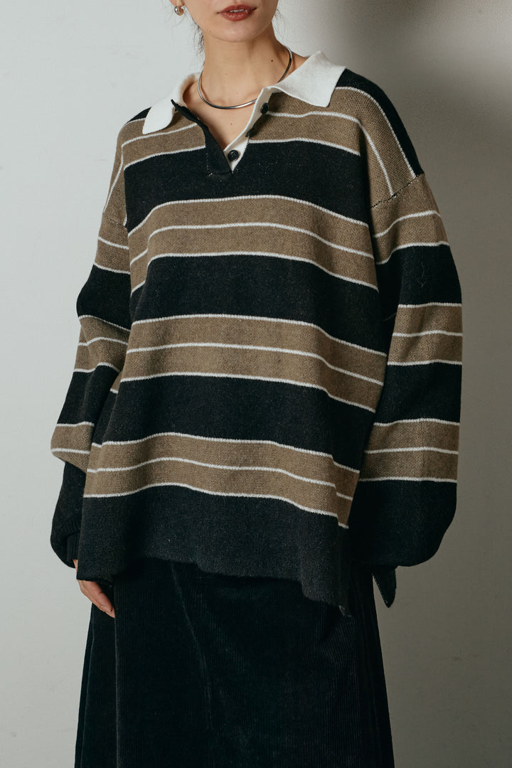 [SET]ラガーニットボーダーポロプルオーバー+ひげレース切替ロング丈スカート(2set)