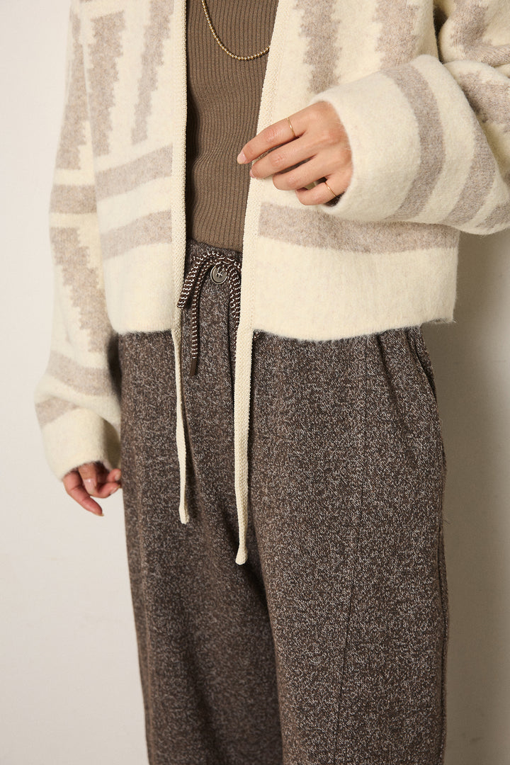 [SET]幾何学柄ノーカラーカーディガン+杢ニットフレアパンツ(2set)