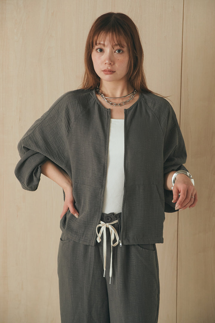 [SET]麻混ノーカラーブルゾン+麻混ウエストドロストパンツ(2set)