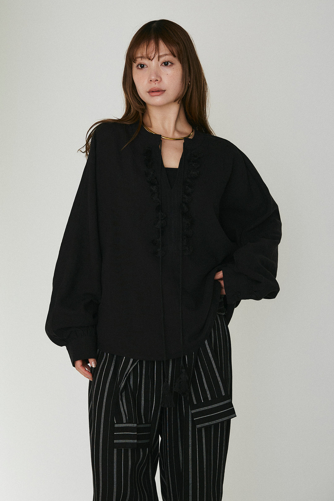 [SET]フロントタッセル付きブラウス+ベルトループワイドパンツ(2set)