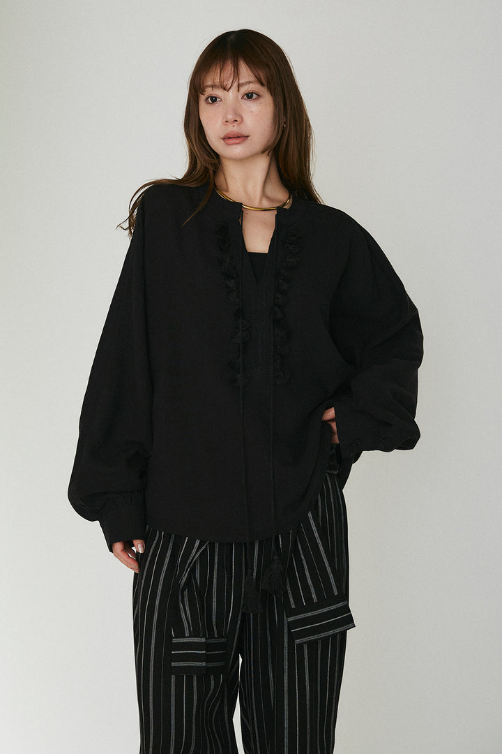 [SET]フロントタッセル付きブラウス+ベルトループワイドパンツ(2set)