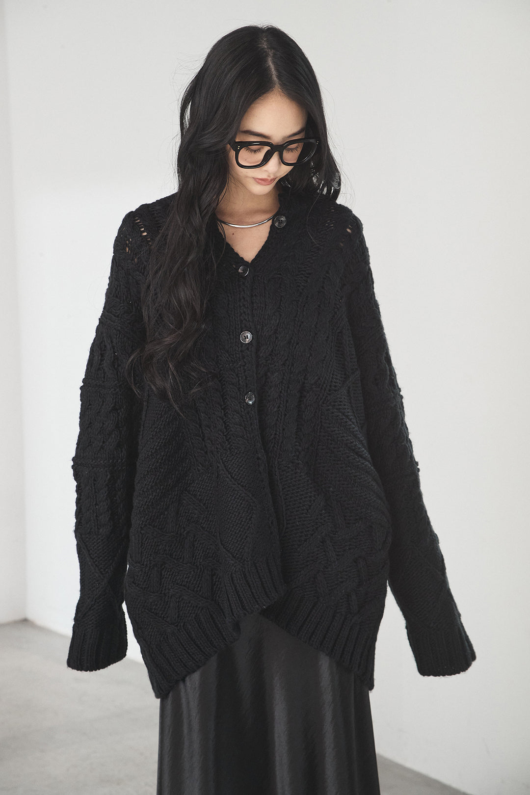 【即納】混合パターン編みニットカーディガン