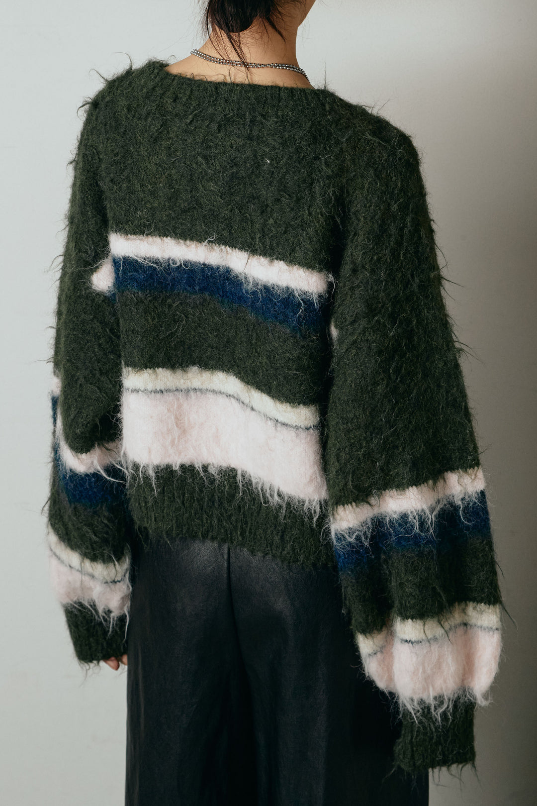 [SET]起毛配色マルチボーダーニットトップス+太ベルト付きヘリンボーンプリーツスカート(2set)