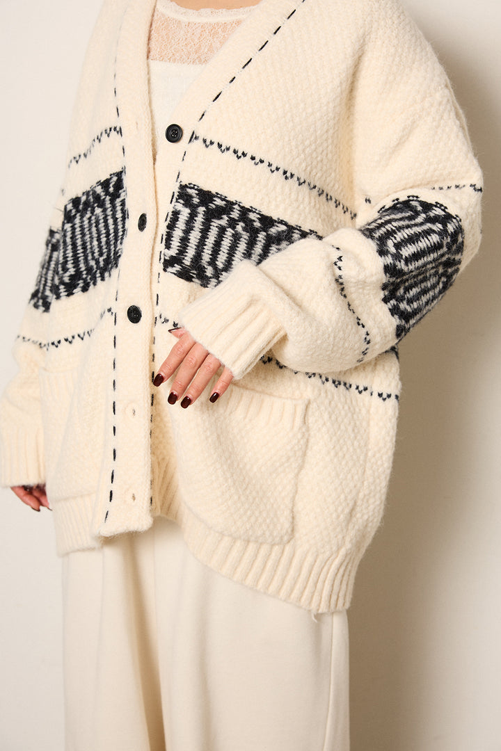 [SET]ライン柄ステッチニットカーディガン+2WAY袖コード刺繍クルーネックプルオーバー(2set)