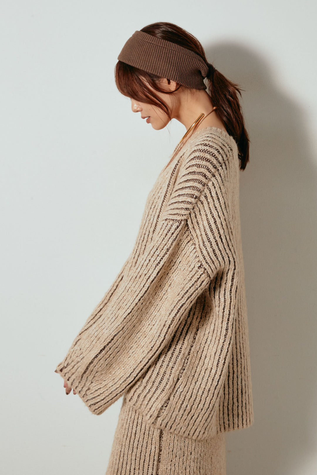 [SET]アルパカタッチ深Vニットトップス+タック入りコーデュロイワイドパンツ(2set)