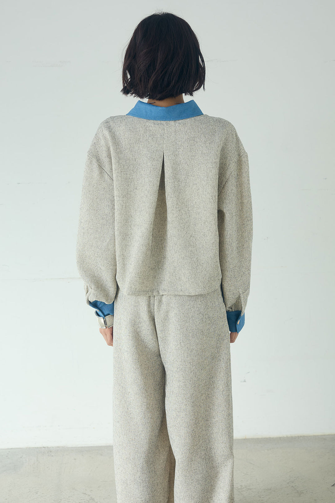 [SET]ツイード×デニムショート丈シャツ+ツイード×デニムハイウエストラインロングパンツ(2set)