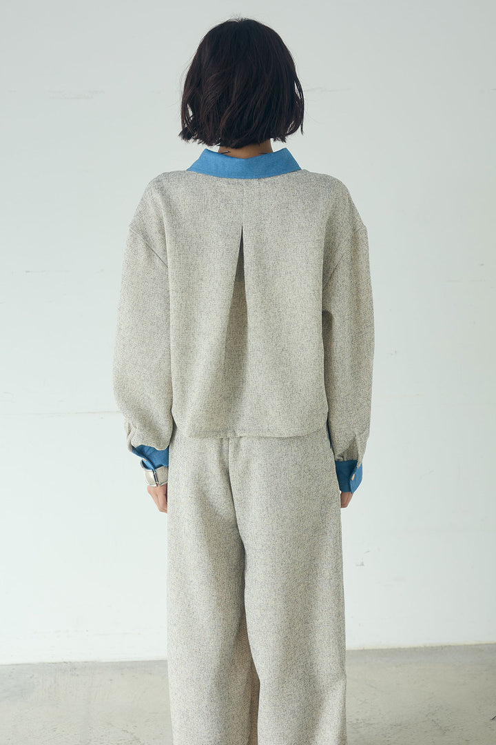 [SET]ツイード×デニムショート丈シャツ+ツイード×デニムハイウエストラインロングパンツ(2set)