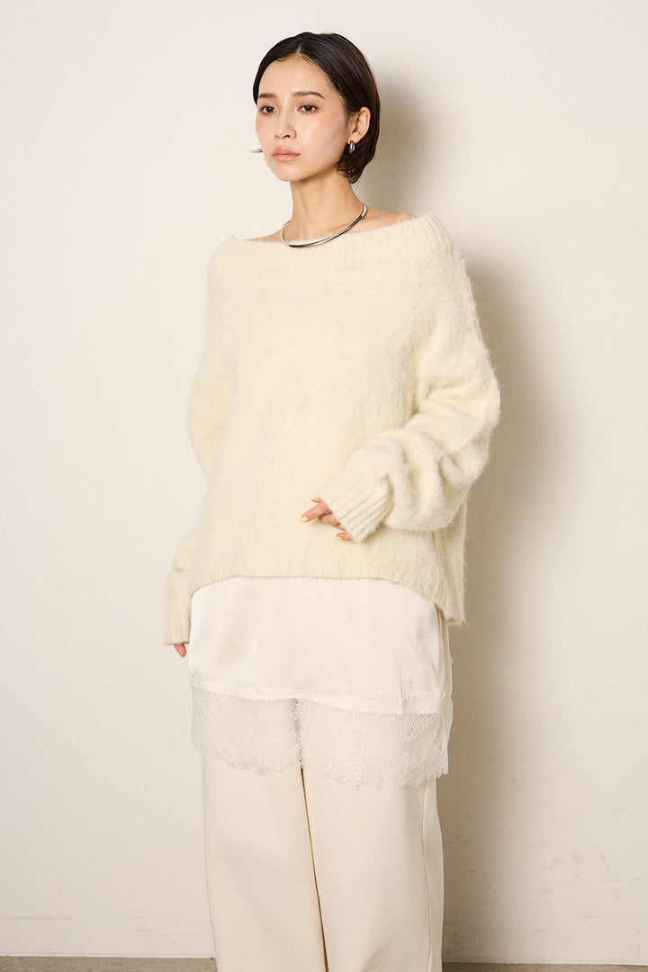 [SET]アルパカタッチオフショルニット+裏起毛スウェットワイドパンツ(2set)