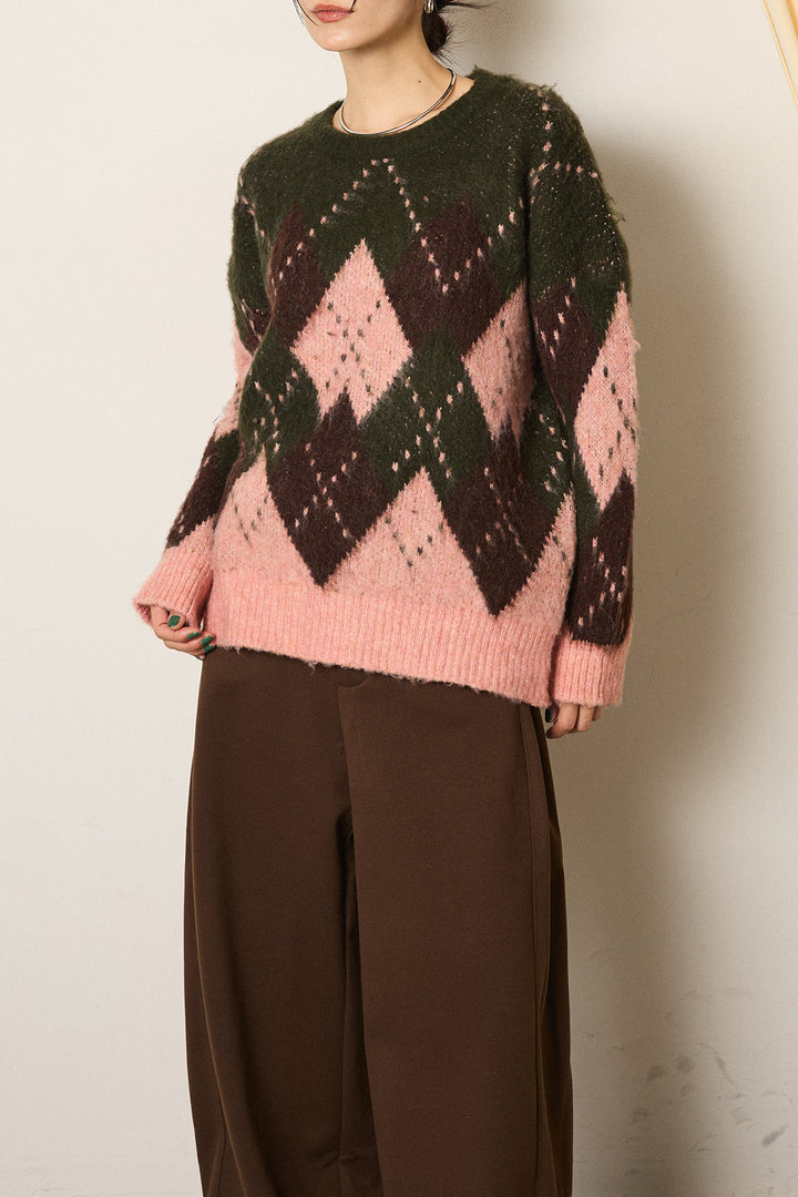 [SET]配色アーガイル柄ニットトップス+ベルト付きコーデュロイワイドパンツ(2set)