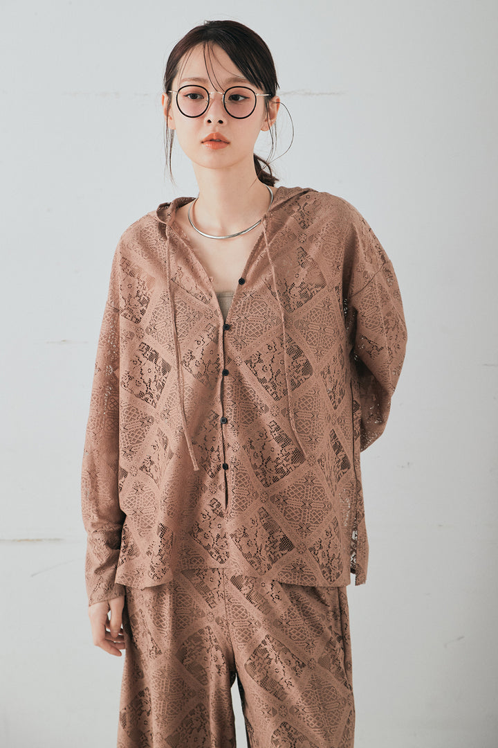 [SET]ブロックレースフード付きブラウス+ベルト付きサイドタックワイドパンツ(2set)