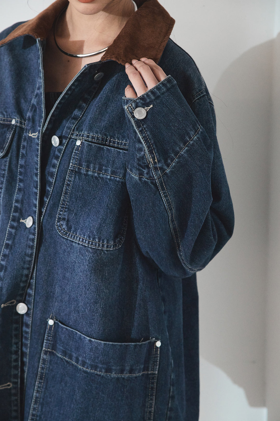 [SET]襟コーデュロイデニムカバーオール+裾レースデザインサテンスカート(2set)