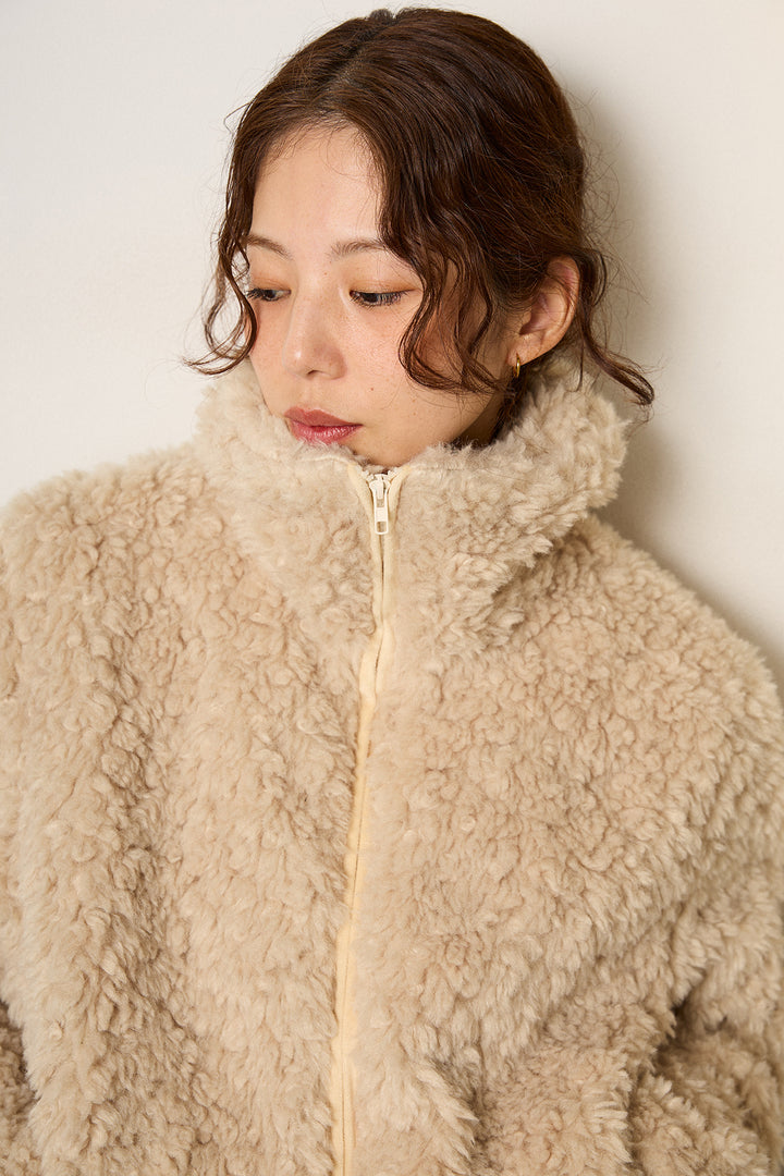 [SET]スタンドカラー裾リブボアブルゾン+ロープベルト付きスウェード調スカート(2set)