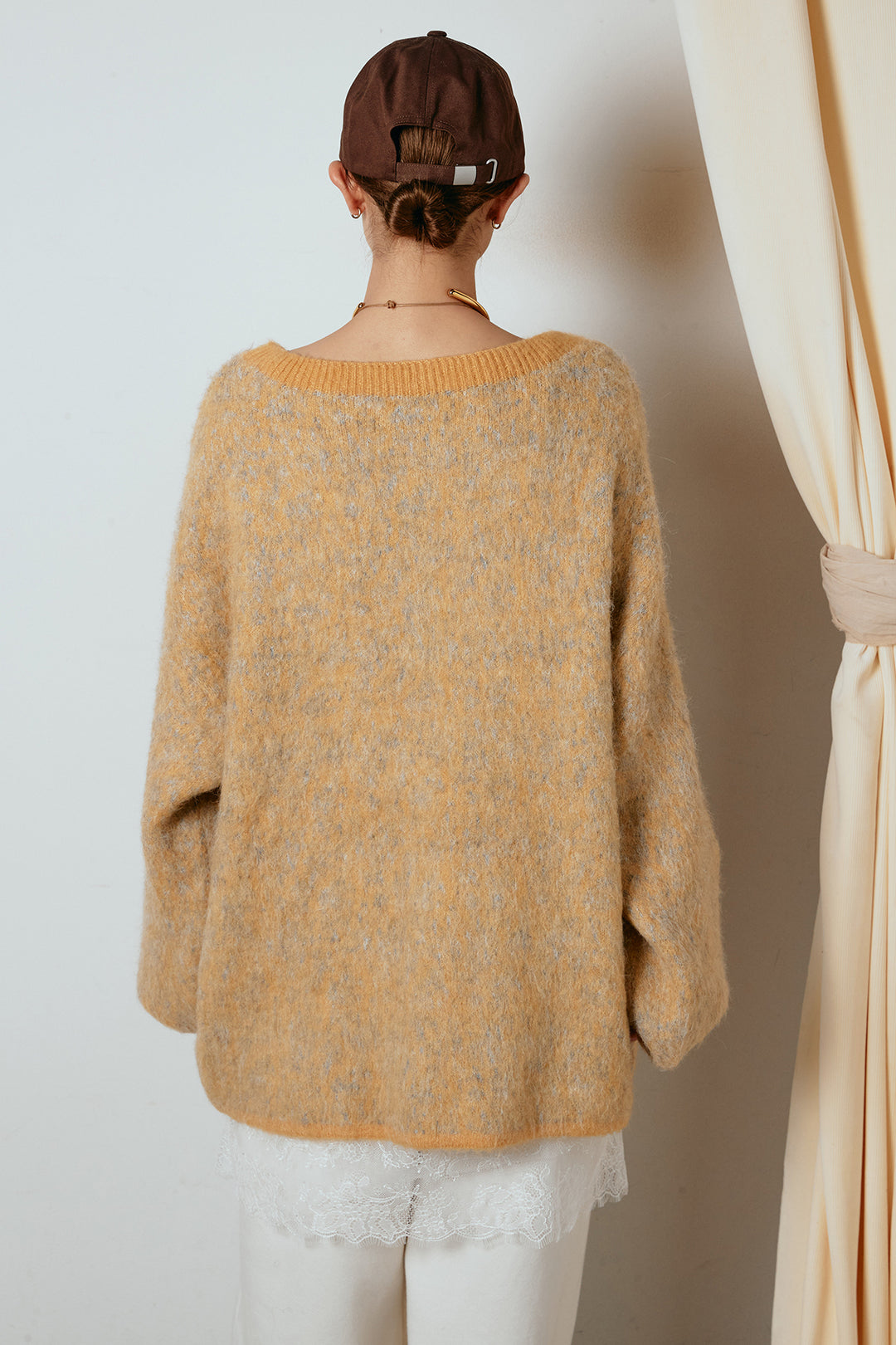 [SET]ボリュームスリーブミックスニットトップス+レース切り替えキャミソール(2set)