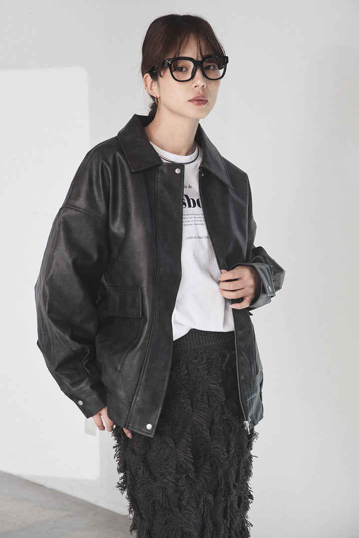 [SET]レザーライクオーバーサイズブルゾン+カットフリンジニットタイトスカート(2set)