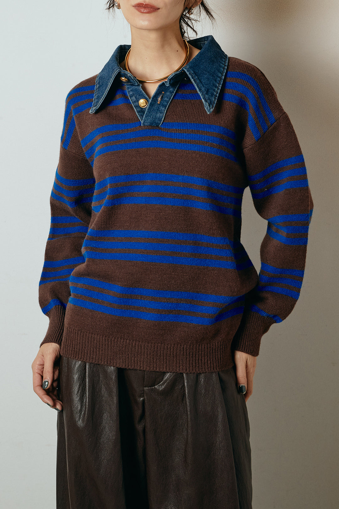 [SET]デニムレイヤード風ランダムボーダーニットプルオーバー+ベルト付きレザーライクタックパンツ(2set)