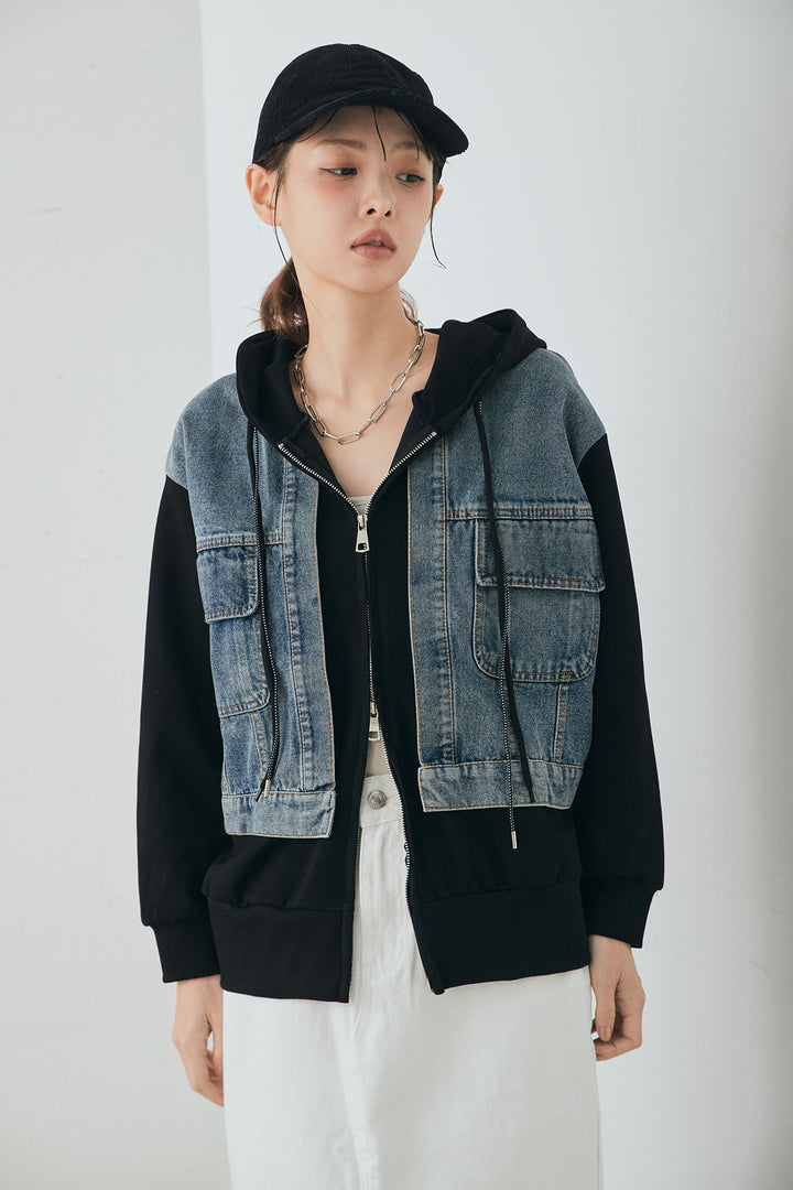 [SET]デニム切替ポンチダブルジップパーカー+テンセルデニムイージーワイドパンツ(2set)