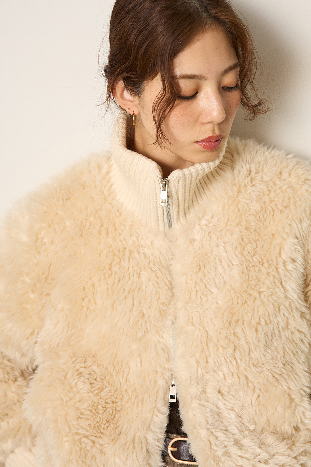 [SET]ハイネックボアブルゾン+フェイクレザー太ベルト付きタックワイドパンツ(2set)