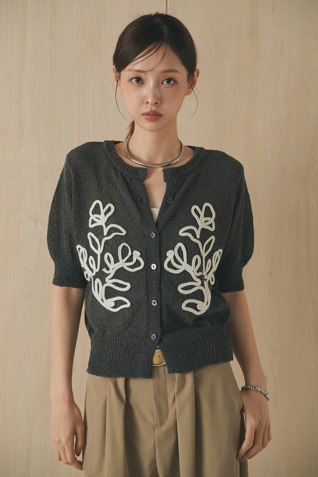 [SET]フロントテープデザイン半袖カーディガン+サイドベルトカーブワイドパンツ(2set)