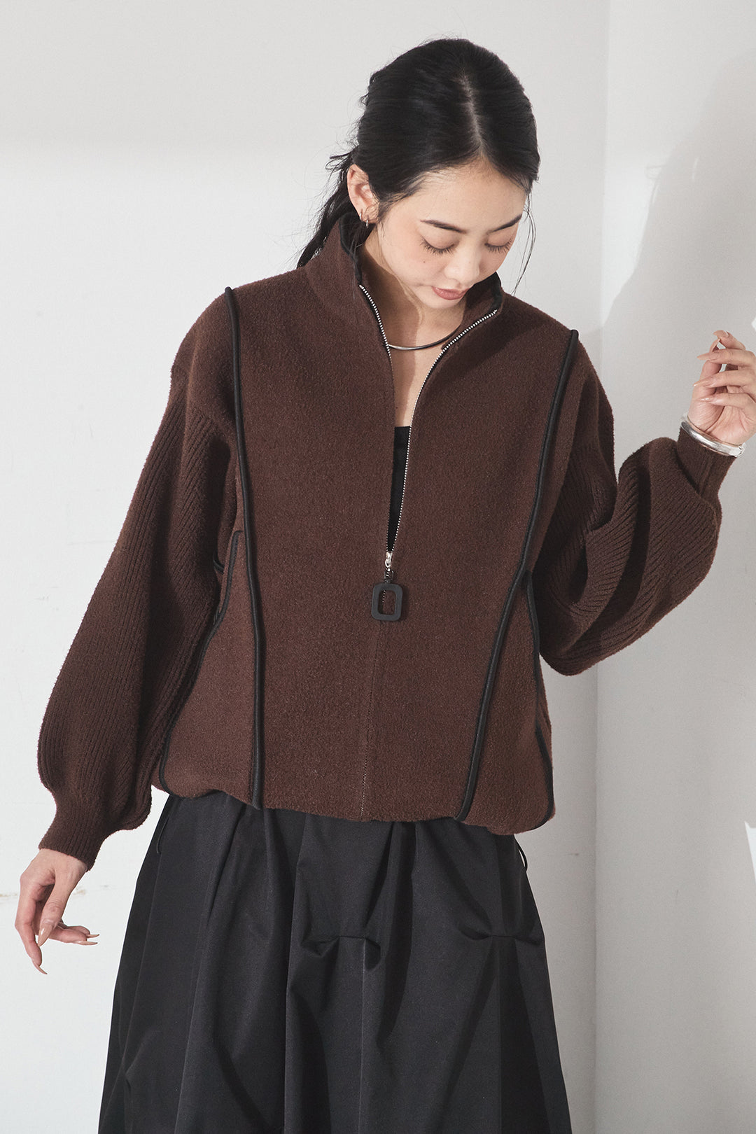 [SET]ハイネックパイピングデザインブルゾン+ベロアバレエネックワンピース(2set)